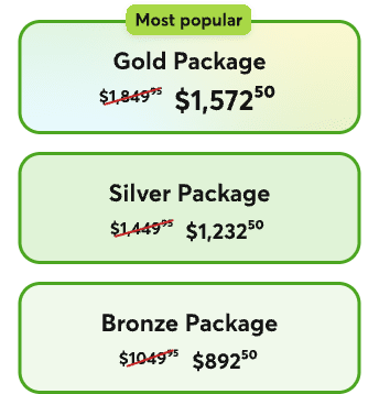 Bronze package: $892.50, savings of $157.45. Silver package: $1232.50, savings of $217.45, Gold package, the most popular: $1572.50, savings of $277.45.