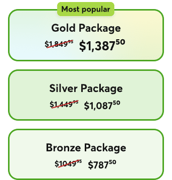 Bronze package: $787.50, savings of $262.45. Silver package: $1087.50, savings of $362.45, Gold package, the most popular: $1387.50, savings of $462.45.