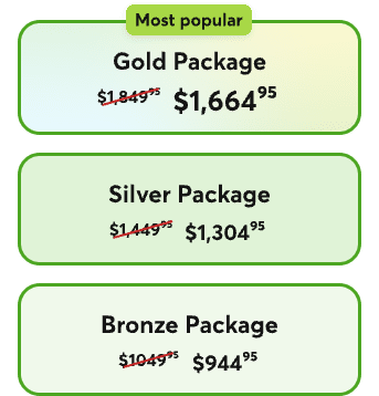 Bronze package: $944.95, savings of $105. Silver package: $1304,95, savings of $145. Gold package, the most popular: $1664,95, savings of $185.