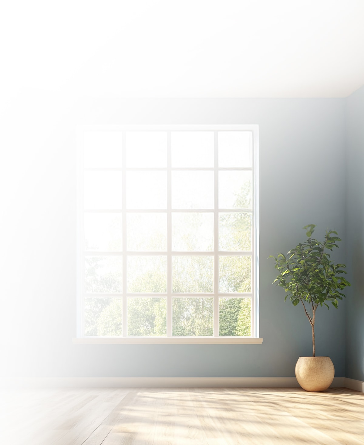 A bright room devoid of furniture, with a large paneled window and a green plant in a pot in the corner.