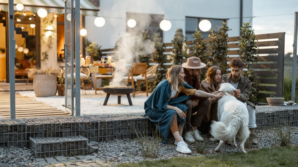 Group of friends sitting on the porch with a dog