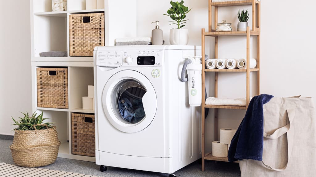 Étagères de bois, machine à laver, panier à ligne et accessoires de décoration dans une salle de lavage