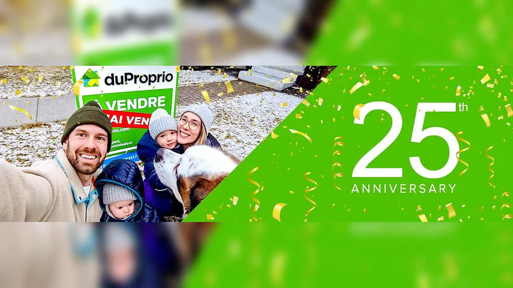 Family in front of sold sign with 25th anniversary text