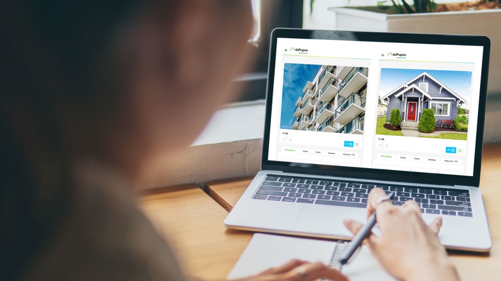 Woman torn between two real estate listings, a house and a condo, in Quebec