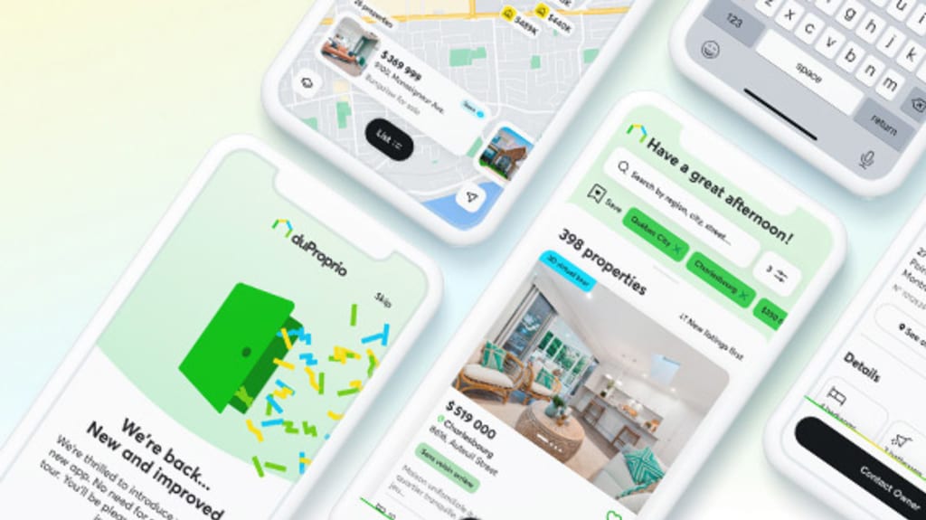 Images of DuProprio's mobile app shown on phones