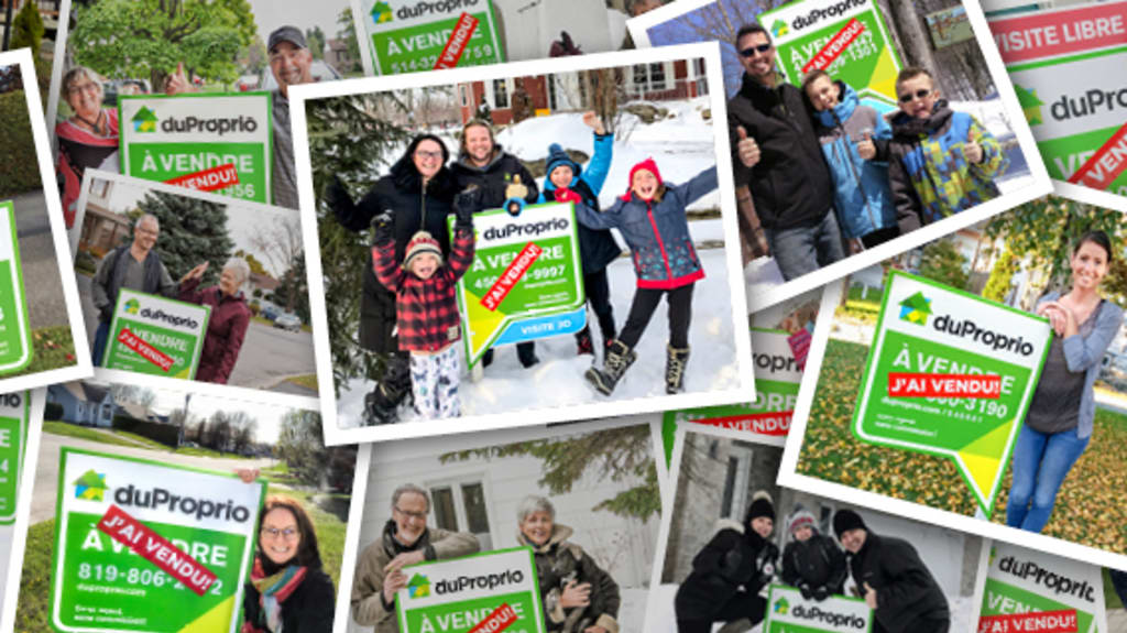 Montage of images featuring several happy homeowners who sold with the help of DuProprio posing with their "Sold!" signs
