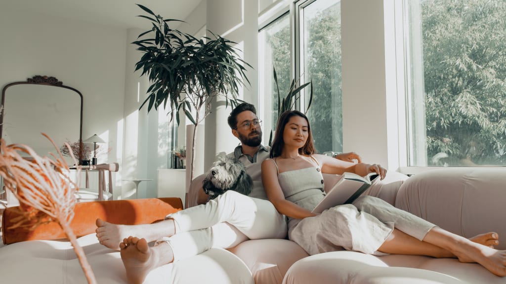 Couple looking at properties on the couch