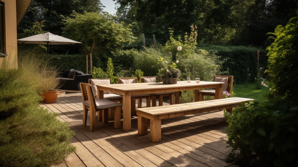 Outdoor dining table on a deck in a garden