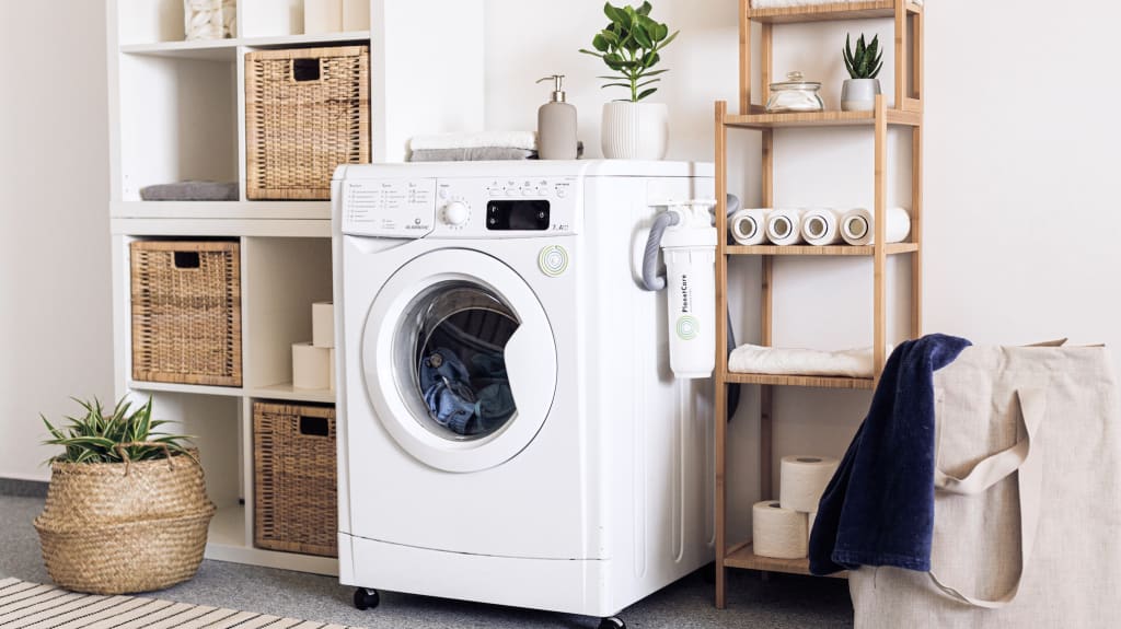 Wooden shelves, washing machine, line basket and decorative accessories in a laundry room    