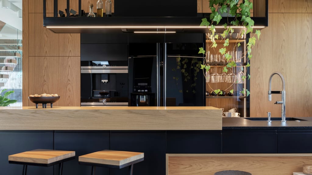 Wood-cabineted kitchen with black appliances and hanging plant