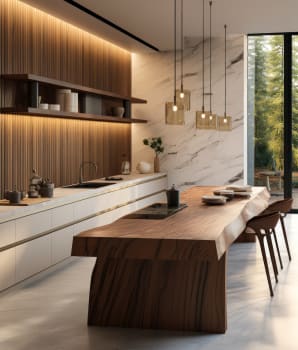 Table à manger en bois en dessous de suspensions lumineuses