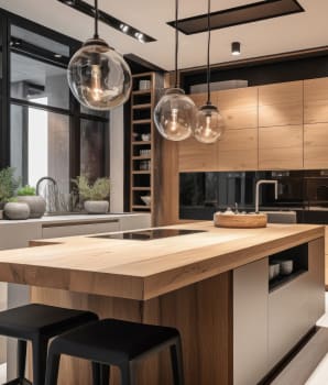 Luminaire en trio au-dessus d’un îlot de cuisine