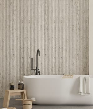 Salle de bain japandi moderne avec baignoire et accessoires de bain
