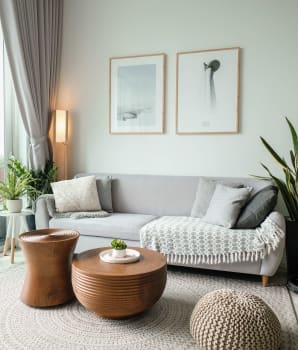 Cozy living room with sofa, cushions and blanket