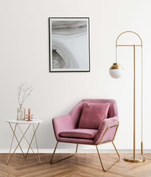 Pink velvet armchair, floor lamp, frame and side table