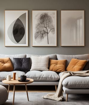 Grey living room with orange cushions 