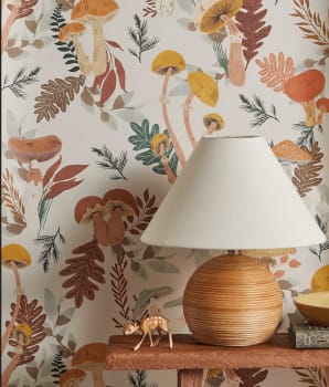 Wallpaper with flower and mushroom motifs