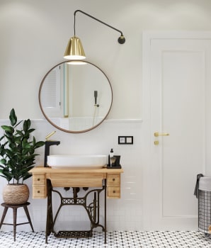 Gray curtain panels in a bathroom