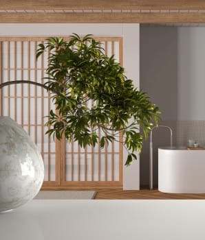 Salle de bain japandi avec arbres décoratifs