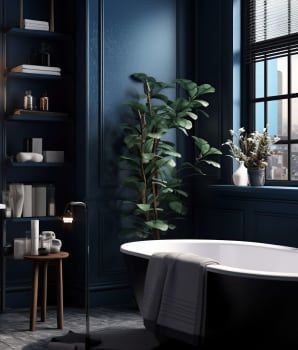 Designing a monochrome bathroom in dark blue 