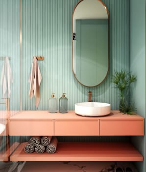 Bathroom with mint-green wall and coral-coloured vanity 