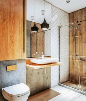 Salle de bain aux styles variés avec bois, motifs de chevron et béton