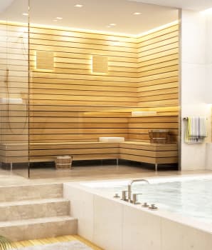Salle de relaxation moderne avec sauna et grosse baignoire