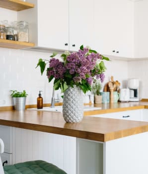 Bouquet of flowers on kitchen countertop