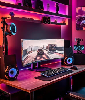 Video game enthusiast's office with LED lighting