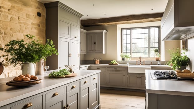 Cuisine aux teintes naturelles avec mur de pierre et poutre en bois