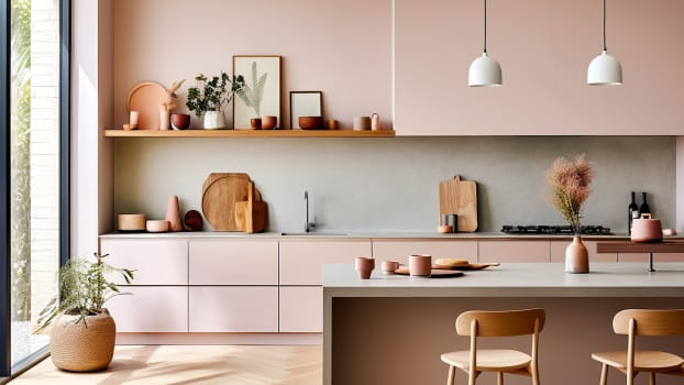Armoires de cuisine roses et éléments décoratifs en bois