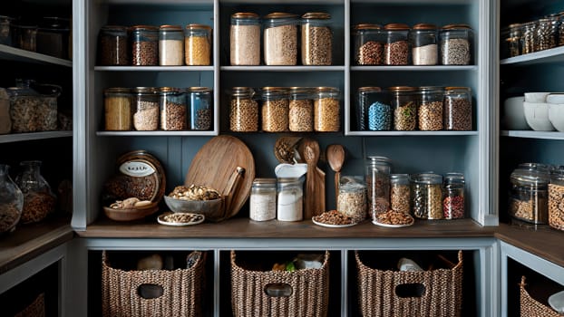 Arrière-cuisine avec étagères, paniers et produits secs en pots