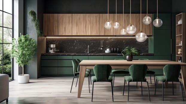 Cuisine avec armoires en bois et touches de vert, arbre de cuisine et plantes
