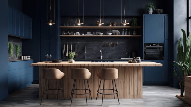 Armoires bleues avec îlot en bois teinté