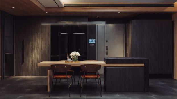 Modern kitchen with smart refrigerator and screen