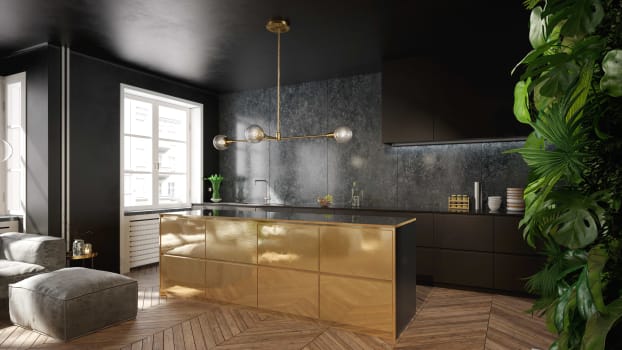 Kitchen island in metallic gold