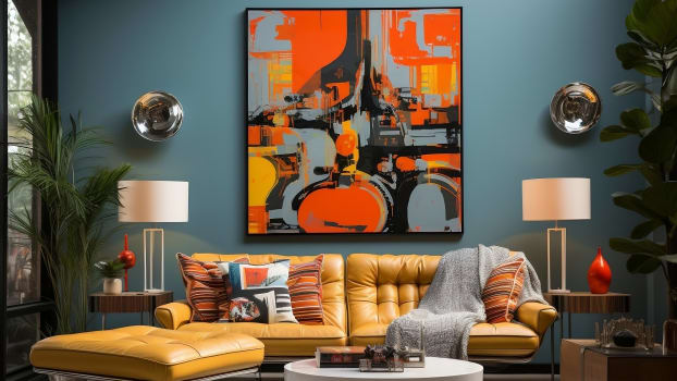 Mustard yellow sofa in a living room with varied decorations