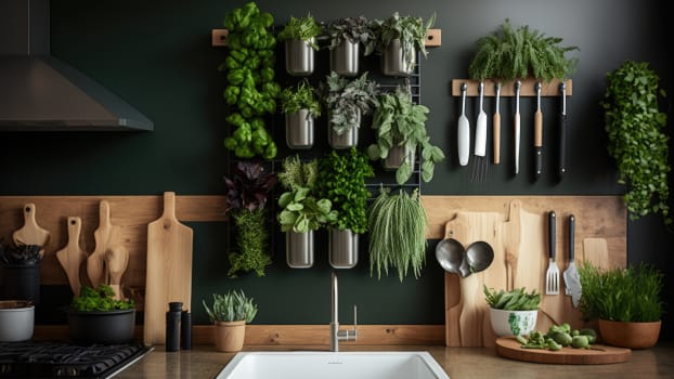 Jardinière verticale sur le mur d’une cuisine