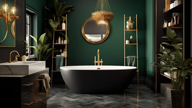 Salle de bain verte avec accessoires décoratifs dorés