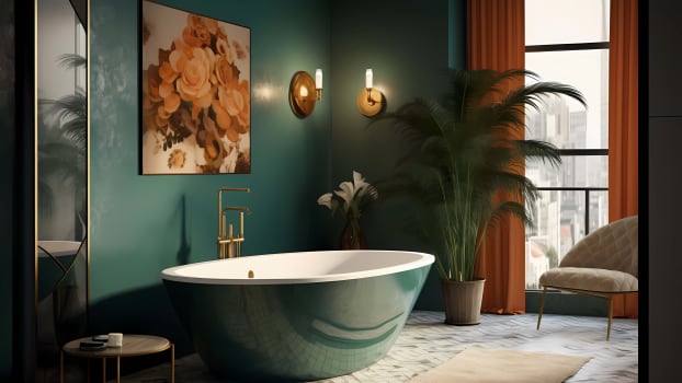 Salle de bain avec baignoire et murs verts, œuvre d’art garnies de fleurs posée sur le mur