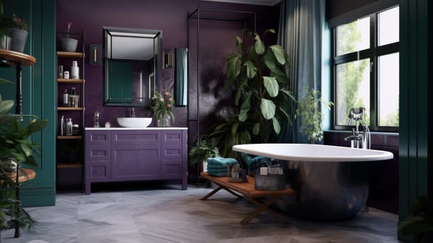 Salle de bain violette et verte foncée