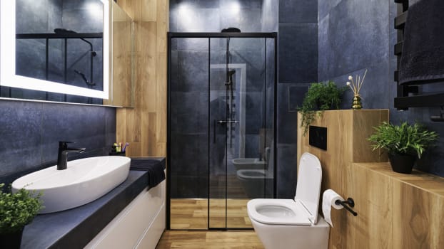 Salle de bain de couleur bleu foncé avec bois, pomme de douche noire et miroir moderne avec éclairage DEL intégré