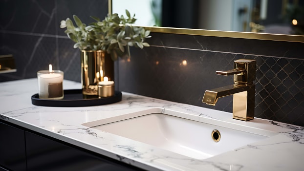 Bathroom countertop with gold faucet, framed by gold mirror and gold flowerpot