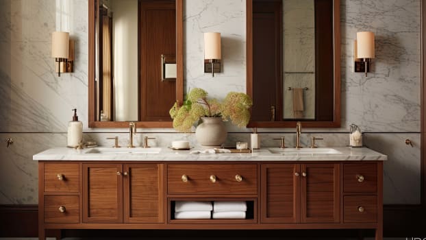 Warm bathroom with wooden cabinet, marble countertop and wall sconces next to rectangular mirrors 