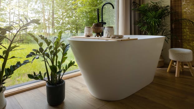 Bathtub surrounded by plants in a natural, soothing environment