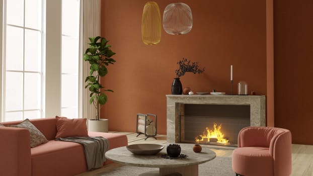 A burnt orange wall in a living room with old rose-coloured sofas