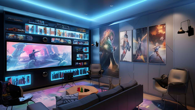 Family room with intelligent blue lighting and giant screen