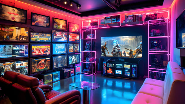 Salle de gaming avec éclairage néon, téléviseur et affiches de jeux vidéos