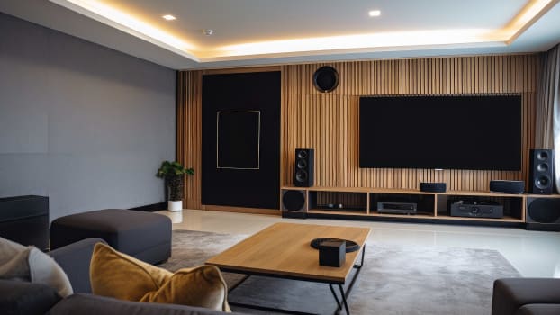 Large living room with wall-mounted TV, recessed lighting, coffee table and stereo system