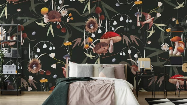 Mushroom wallpaper on a bedroom wall